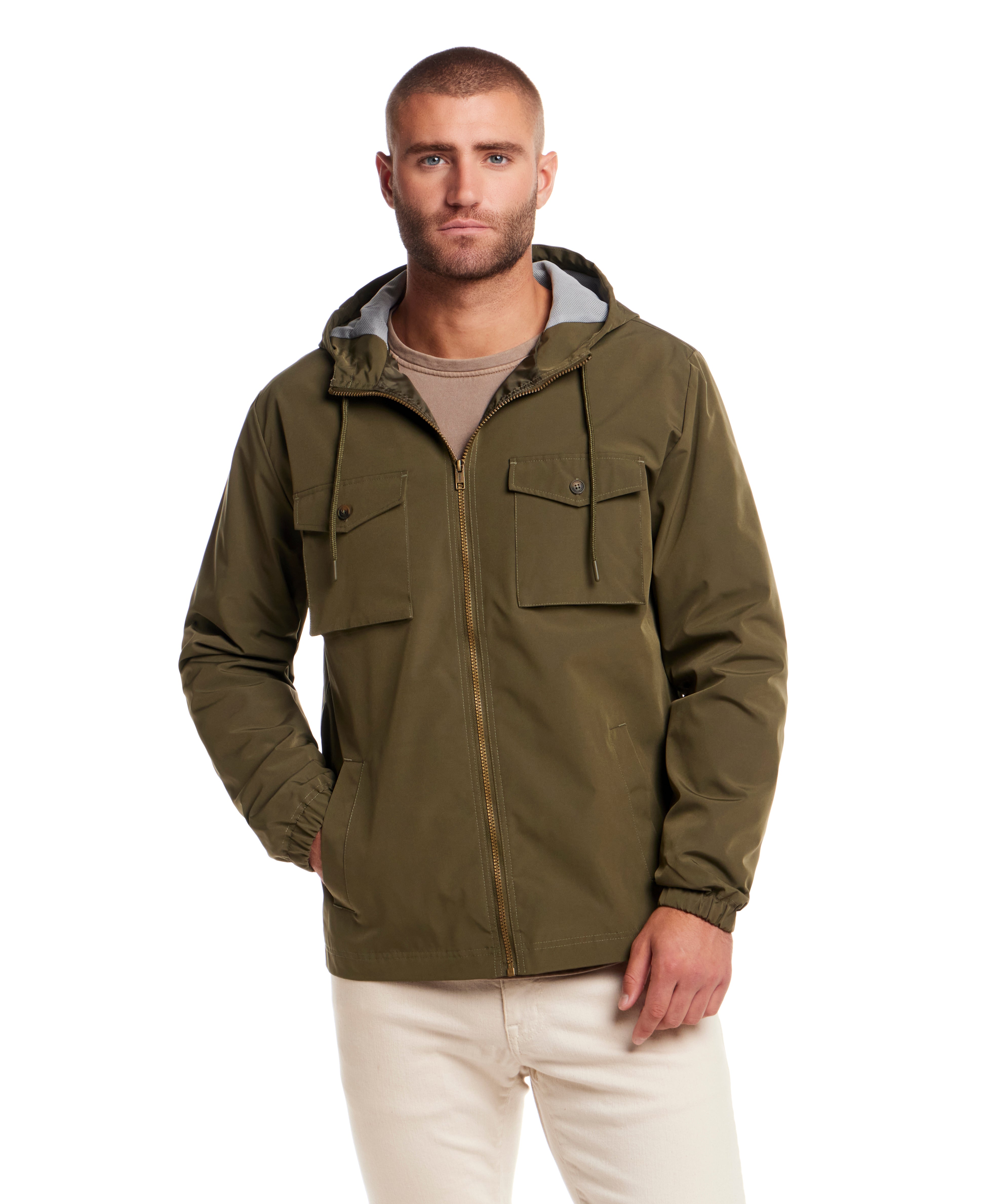 Poly Memory Safari Jacket with Hood in Winter Moss