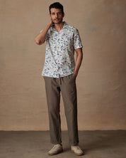 Short Sleeve Linen Cotton Camp Shirt in Fjord Blue