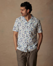 Short Sleeve Linen Cotton Camp Shirt in Fjord Blue