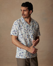 Short Sleeve Linen Cotton Camp Shirt in Fjord Blue