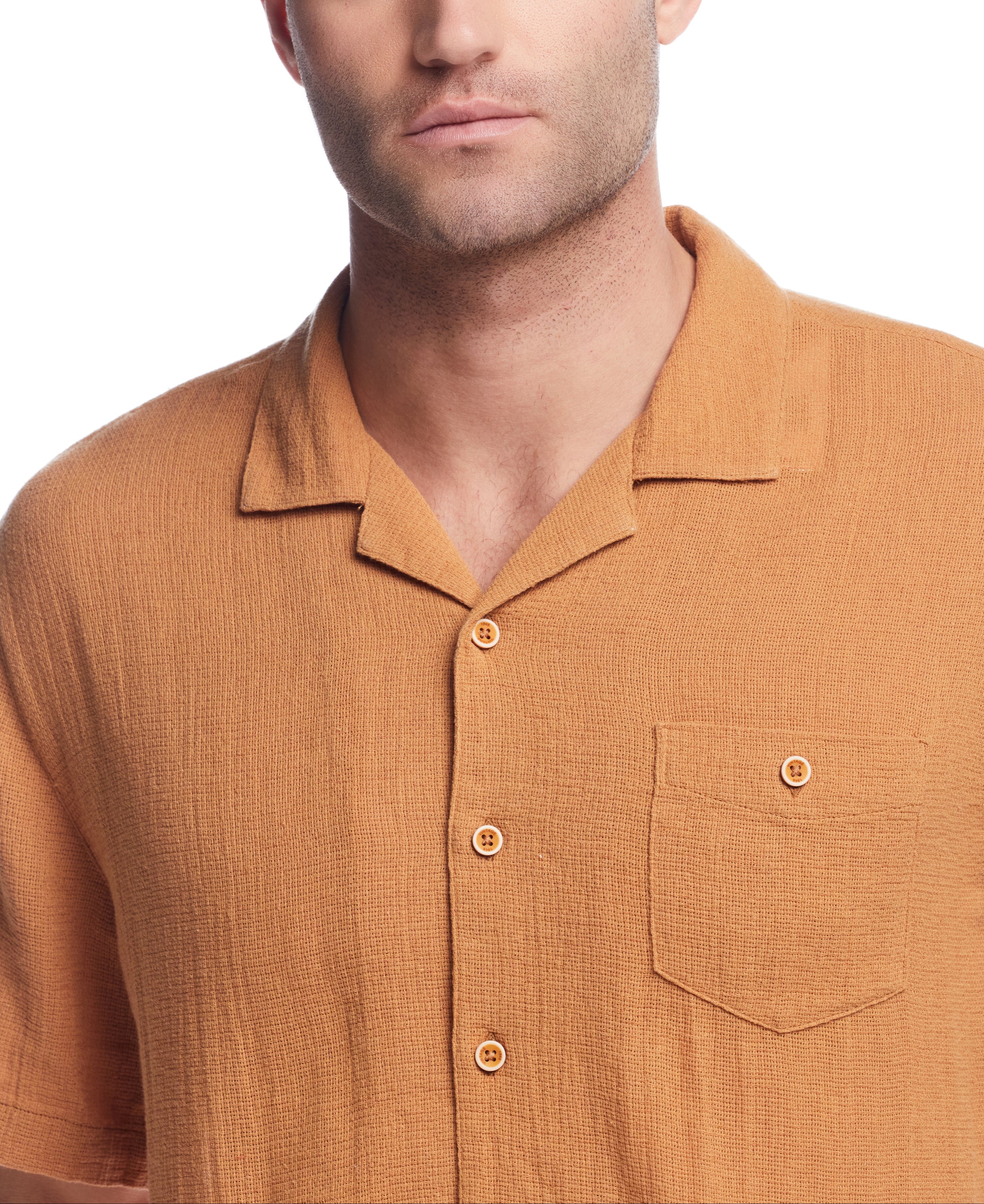 Short Sleeve Cotton Linen Airtex Shirt in Biscuit