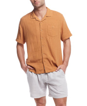 Short Sleeve Cotton Linen Airtex Shirt in Biscuit