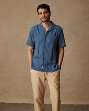 Short Sleeve Cotton Linen Airtex Shirt in Blue Ashes