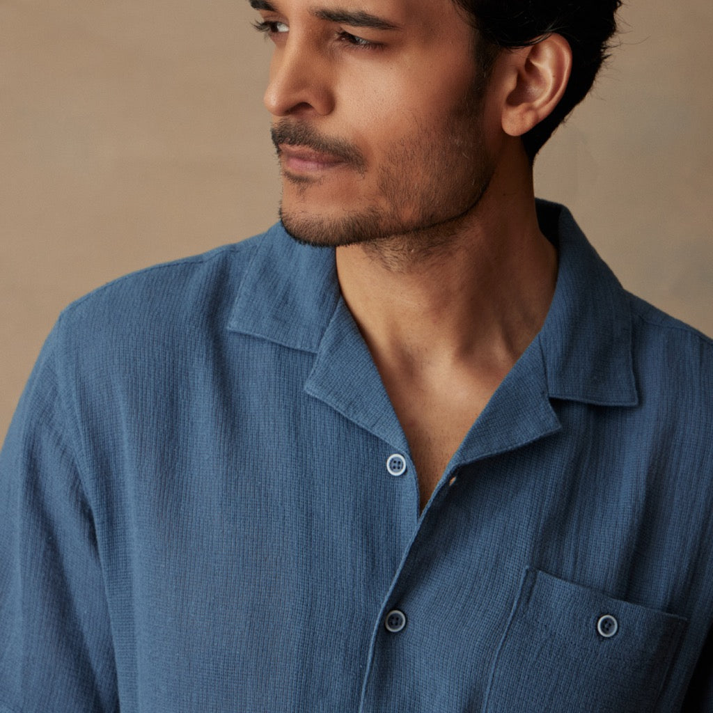 Short Sleeve Cotton Linen Airtex Shirt in Blue Ashes