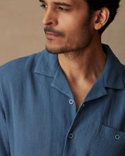 Short Sleeve Cotton Linen Airtex Shirt in Blue Ashes