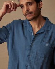 Short Sleeve Cotton Linen Airtex Shirt in Blue Ashes