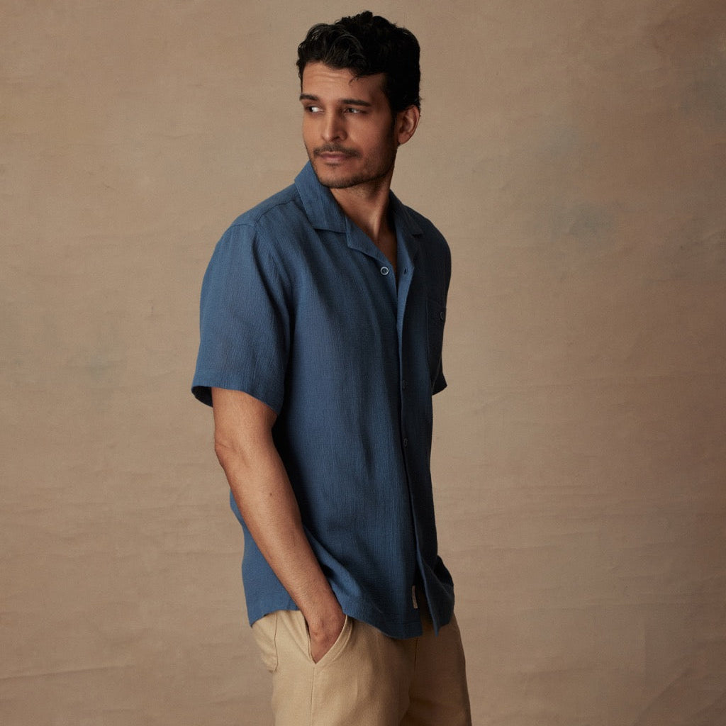 Short Sleeve Cotton Linen Airtex Shirt in Blue Ashes