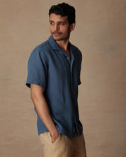 Short Sleeve Cotton Linen Airtex Shirt in Blue Ashes