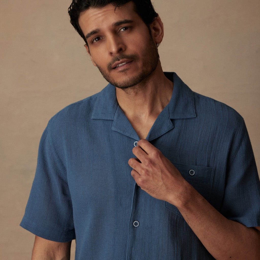 Short Sleeve Cotton Linen Airtex Shirt in Blue Ashes