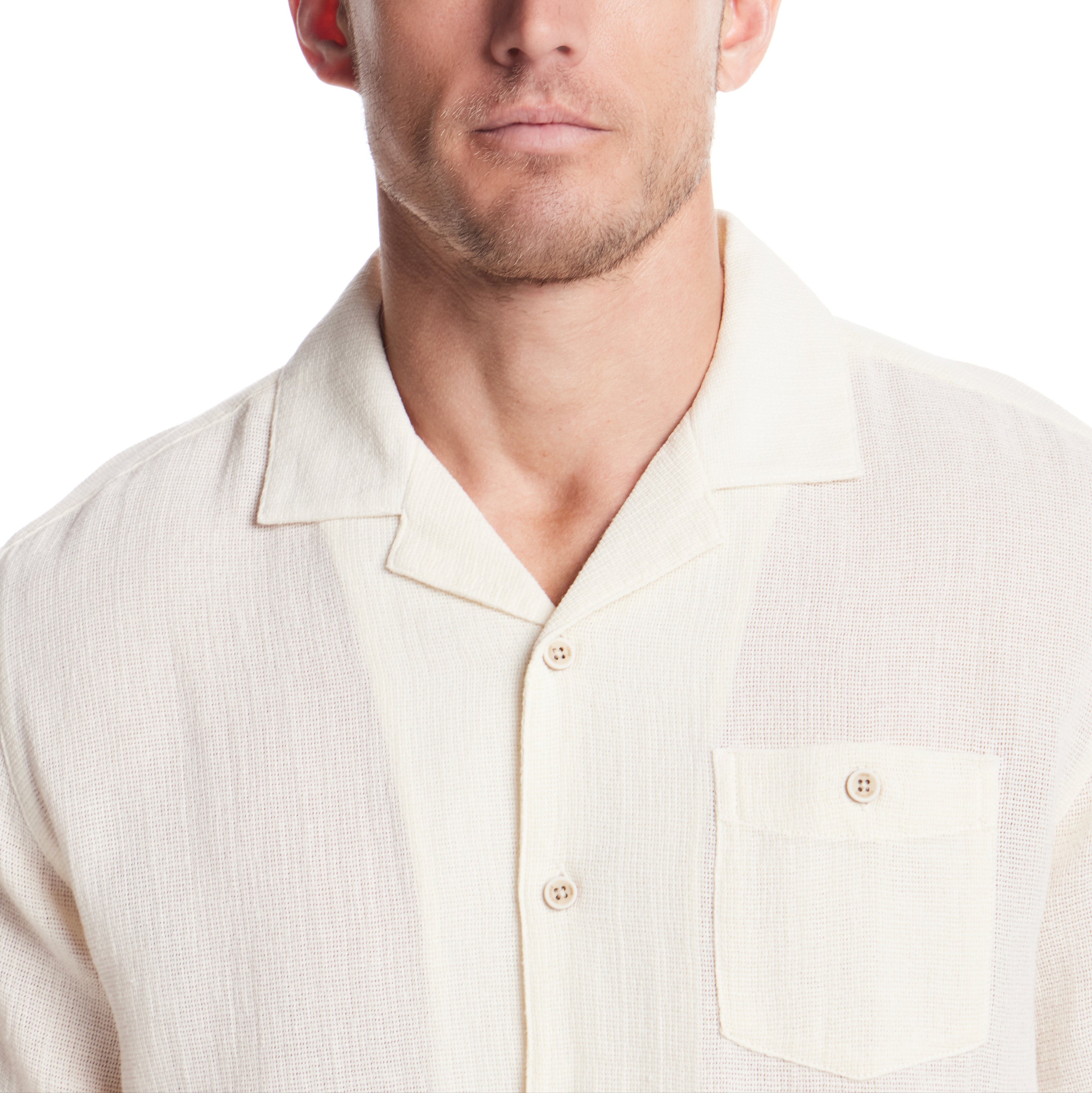 Short Sleeve Cotton Linen Airtex Shirt in Cream