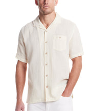 Short Sleeve Cotton Linen Airtex Shirt in Cream