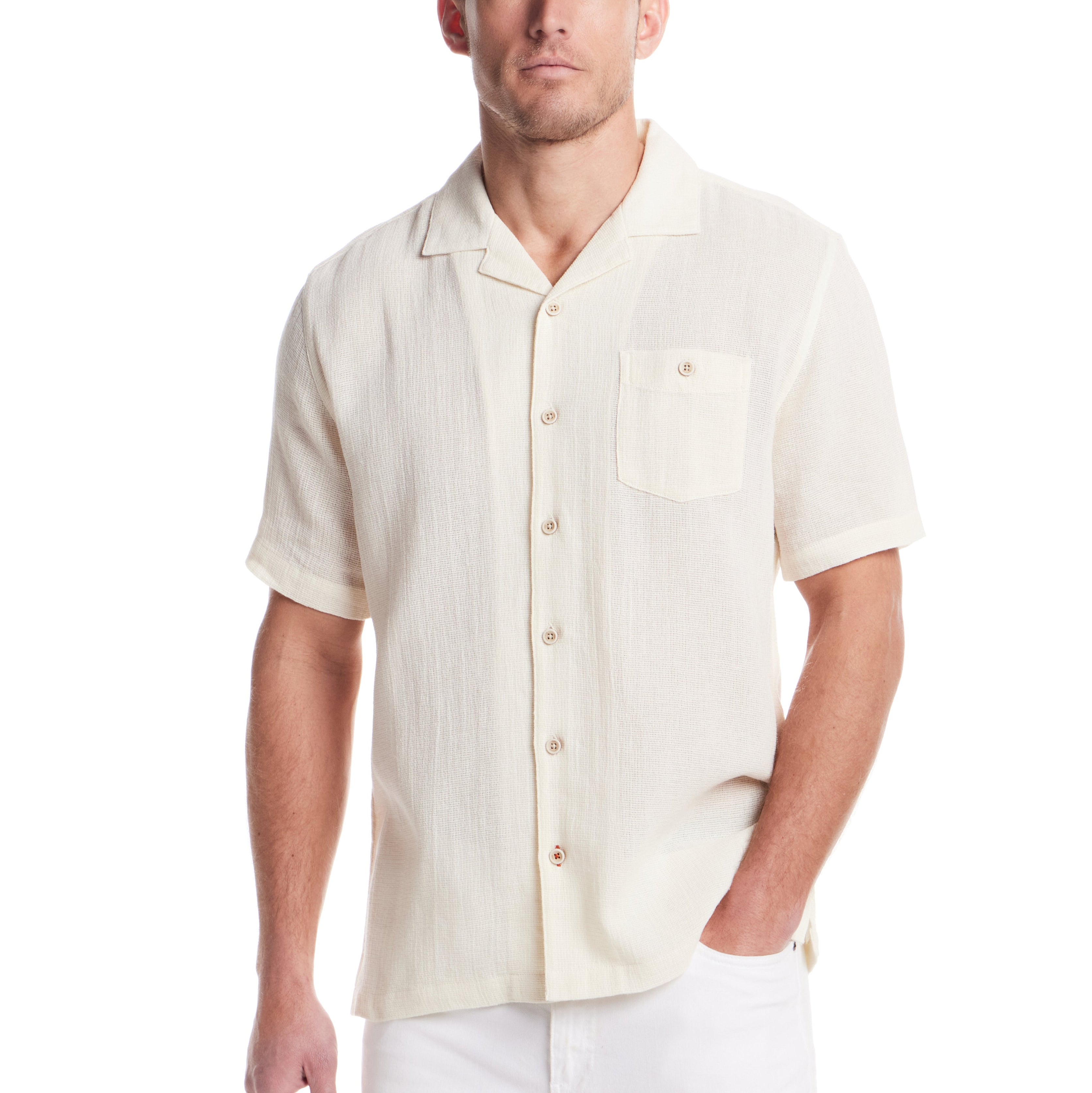 Short Sleeve Cotton Linen Airtex Shirt in Cream