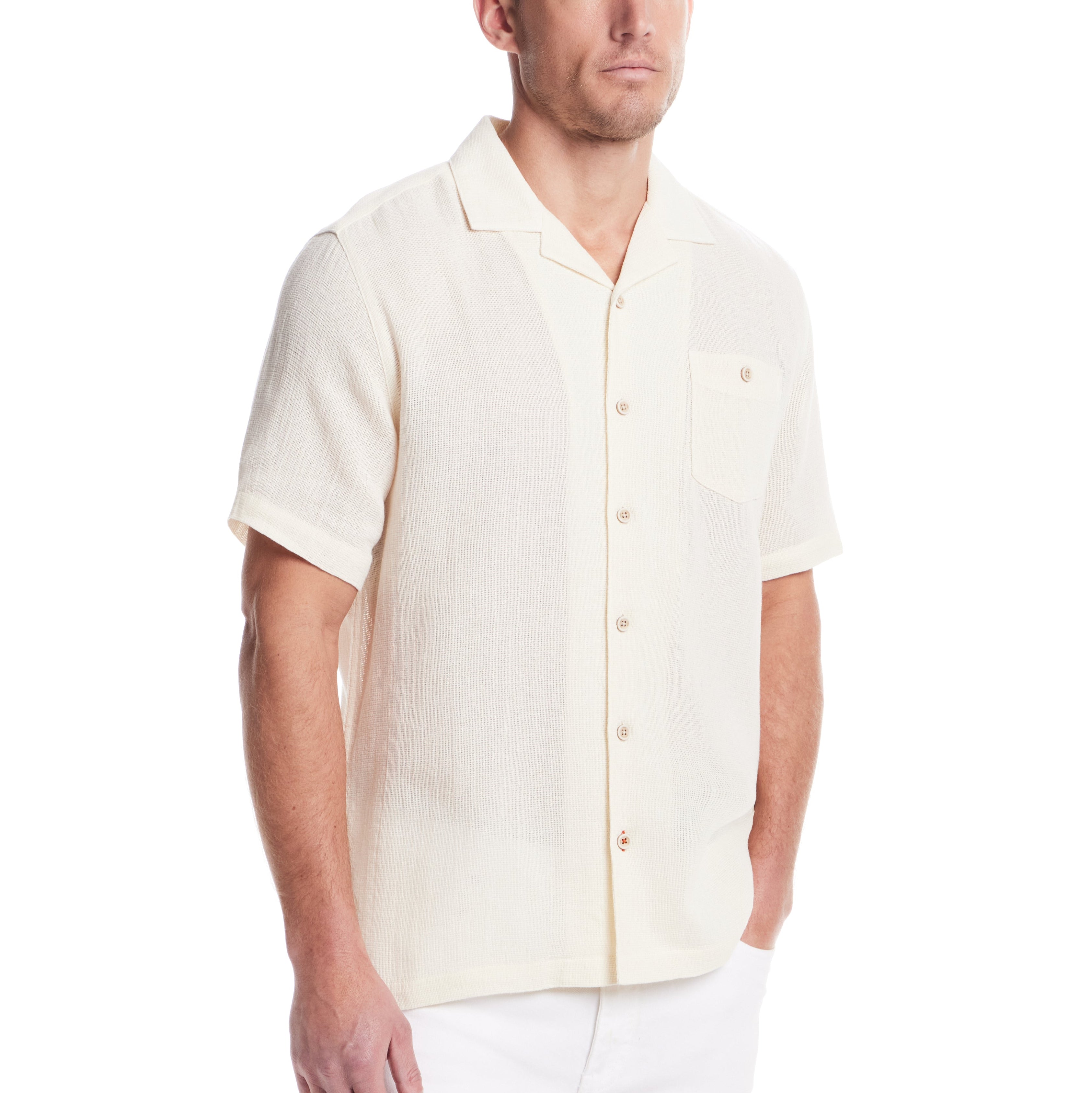 Short Sleeve Cotton Linen Airtex Shirt in Cream