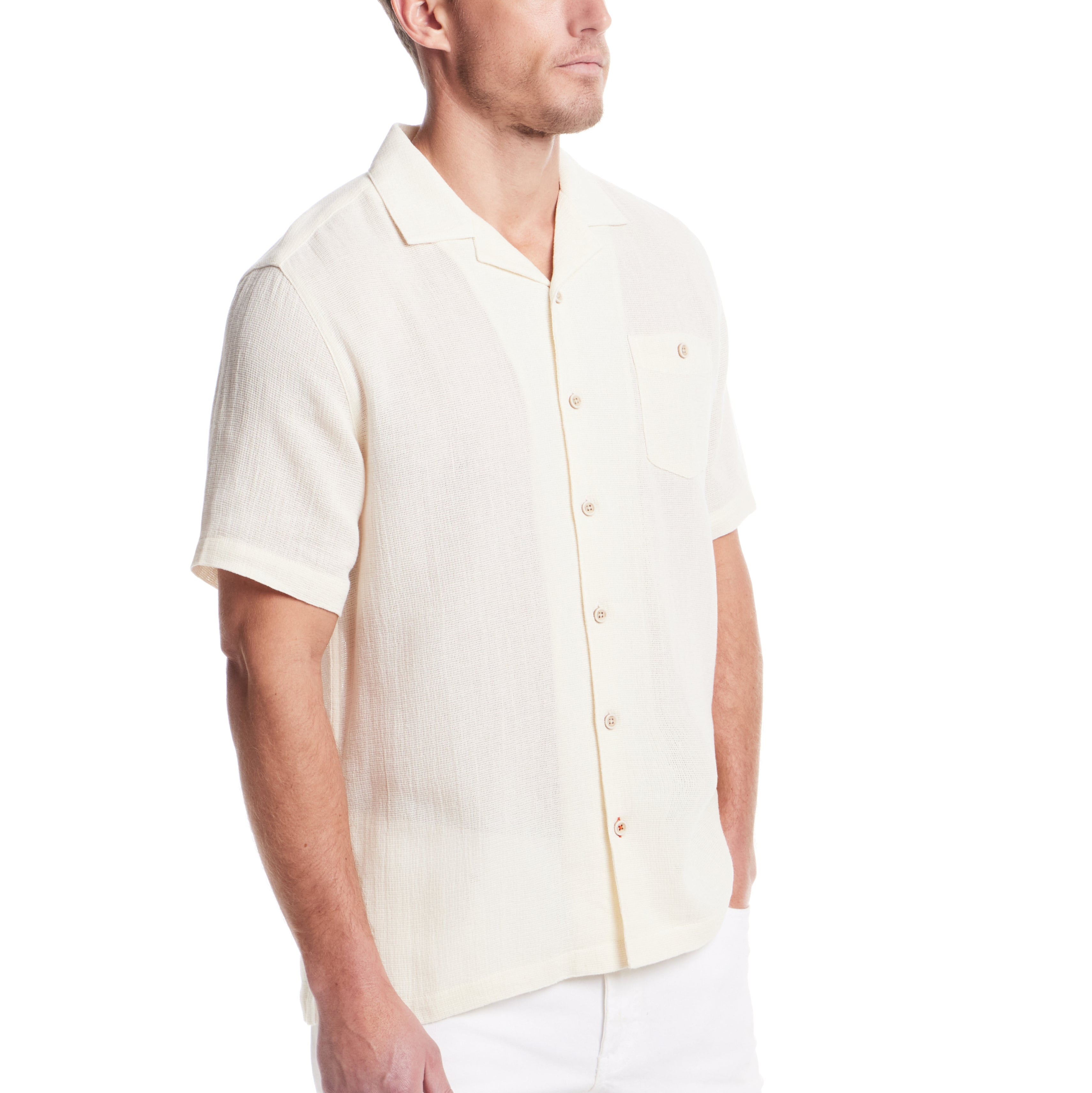 Short Sleeve Cotton Linen Airtex Shirt in Cream