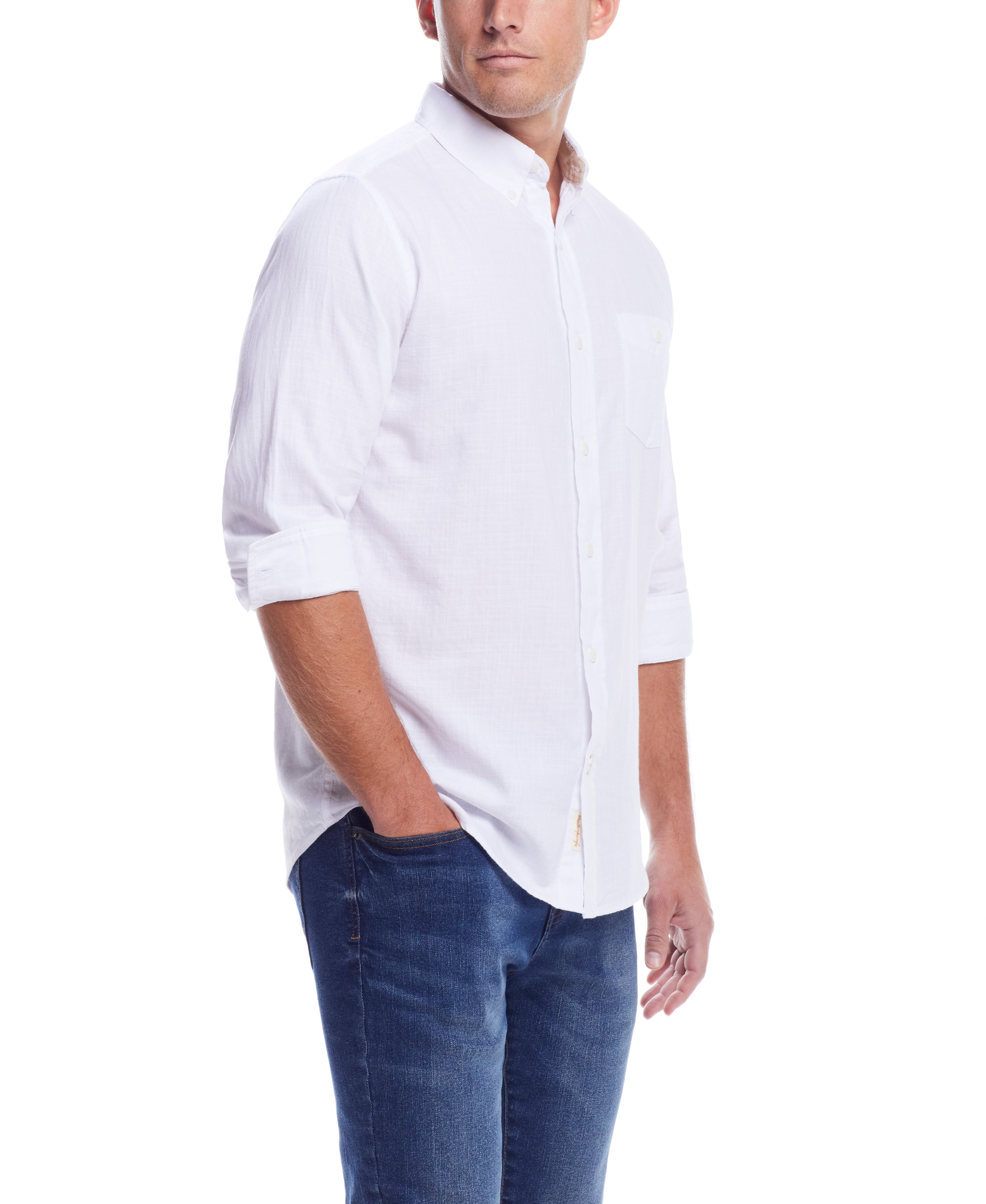 Long Sleeve Solid Cotton Twill Shirt In White