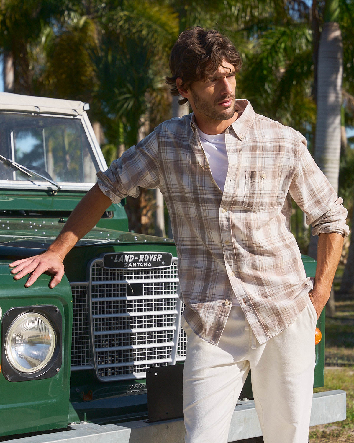 Long Sleeve Cotton Plaid Button Down in Natural